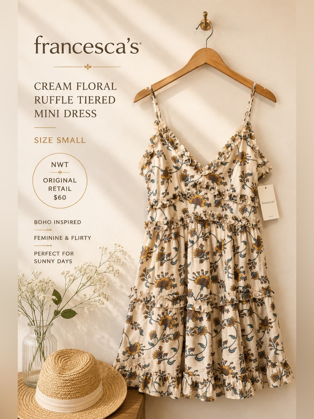 Francesca’s Cream Floral Ruffle Tiered Mini Dress Size Small